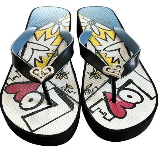 Brighton Love Platform Sandals Flip Flops 9 Black Blue Abstract Silver Heart - Picture 4 of 13
